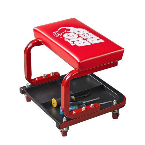 Big RED 250lb Red Rolling Automotive Creeper Garage/Shop Seat: Padded Mechanic Stool with Tool Large Tray Suitable for garages, Repair Shops