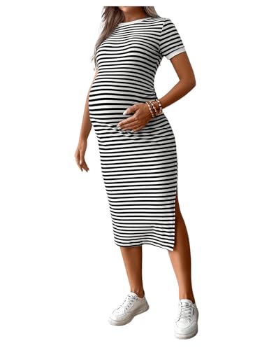 Image of RoseSeek Women's Casual Striped Maternity Dress Short Sleeve Sleeve Split Thigh Bodycon Dresses Pregnancy Clothes