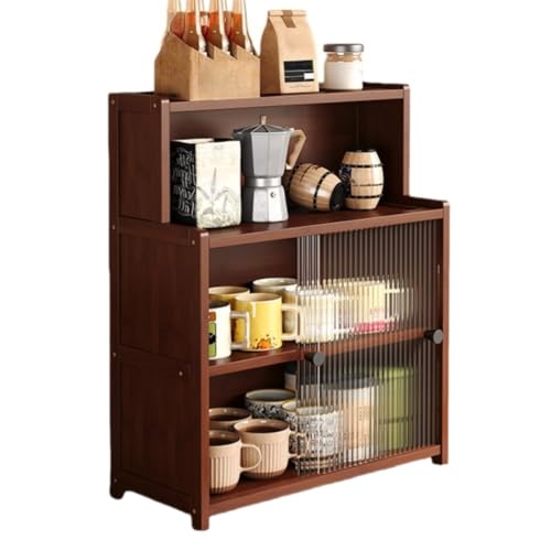 Lopres木製デスクトップ収納キャビネット(ナチュラル・レトロ風) | カップ/ティーセット/コーヒーカップ収納 防塵機能 アクリル引き戸付き | キッチン・リビング・ダイニングサイド多場所対応 置物架兼用 | コンパクト設計・収納力強い 表面滑らかでお