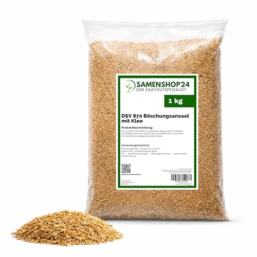 DSV 870, Böschungsansaat mit Klee, Inhalt: 1kg für ca. 30m², zur Befestigung und Begrünung von Böschungen Hügeln und Gräben, zertifiziertes Saatgut, Profi-Qualität