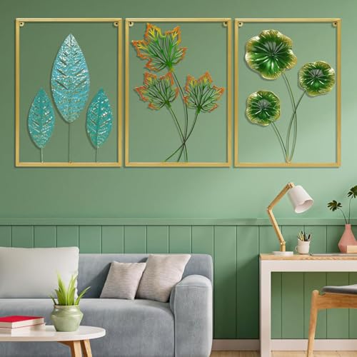 Image of Framing Hub Set of 3 Gold Metal Leaf Wall Art Modern Framed Sculptures for Living Room, Bedroom, Office (12 inchx18 inch Each)