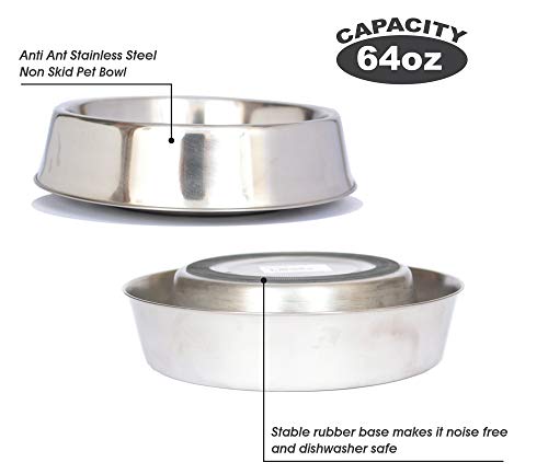 Iconic Pet 64 Oz/ 8 Cup Anti Ant Stainless Steel Non Skid Pet Food/Water Bowl - Noise Free Ant Resistant Dog/Cat Feeding Bowl With Unique Design & Rubber Base Makes It An Elegant Ant Proof Dish #TOP4