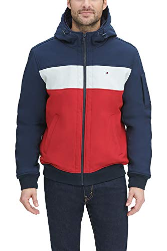 Image of Tommy Hilfiger Men's Soft Shell Fashion Bomber With Contrast Bib and Hood