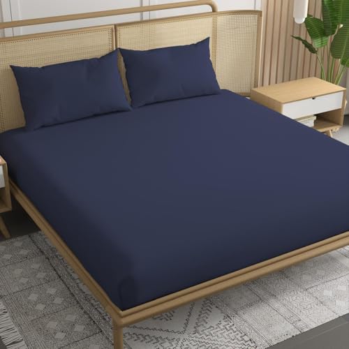 Image of Trance Home Linen 300 TC Bamboo Fitted Bedsheet | Soft, Breathable & Eco-Friendly Bedsheet with 2 Pillow Cover - (78 x 42 inch, Mediterranean Blue)