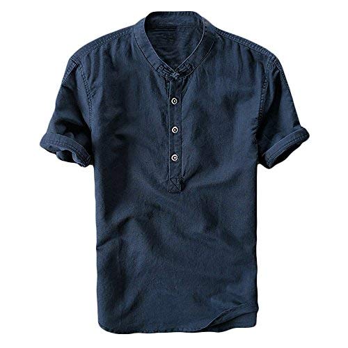Runcati Mens Linen Henley Shirts Beach Short Sleeve Cotton Tops Lightweight Tees Plain Summer T Shirt (Medium, Navy)