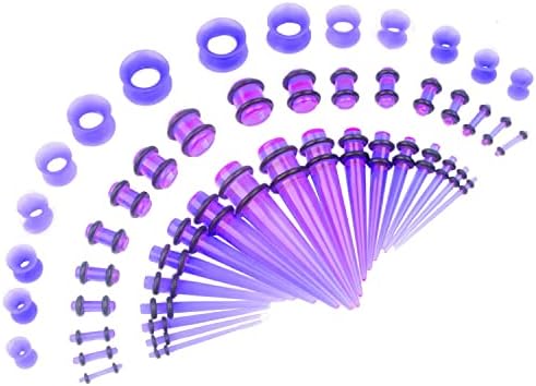 CABBE KALLO 50 Pcs 14G-00G Ear Stretching Kits Acrylic Tapers Plugs & Silicone Tunnels Gauges Expander Set Body Piercing Jewelry, Purple