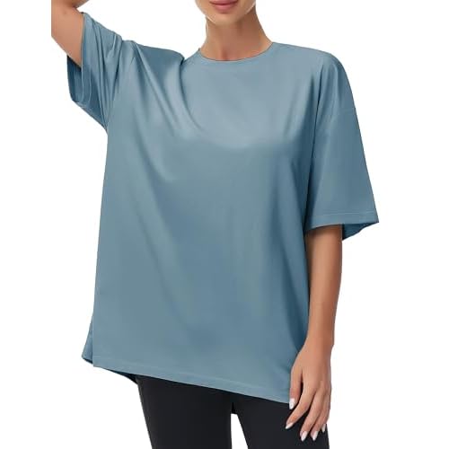 THE GYM PEOPLE Women's Casual Oversized T-Shirts Summer Crewneck Short Sleeve Workout Basic Tee Tops Medium Grey Blue