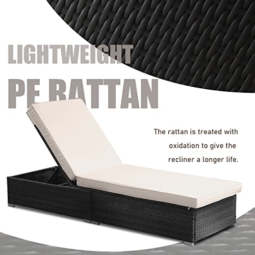 Soarflash 3 Piece Wicker Chaise Lounge Set, Outdoor Patio Lounge Recliner Chair With Adjustable Backrest, Coffee Table For Garden Yard Poolside,Beige #TOP5