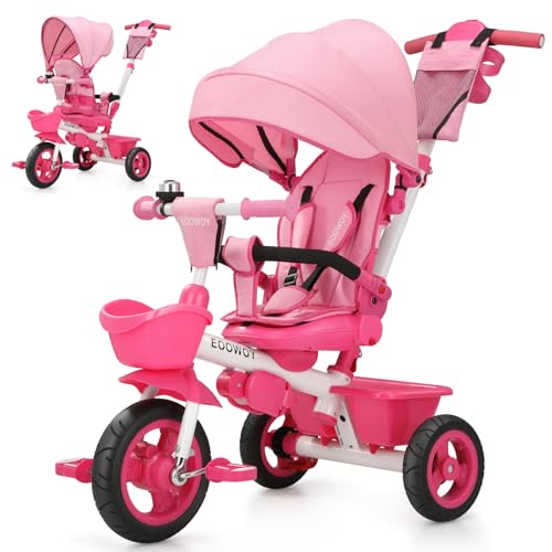 EOOWOY Toddler Tricycle with Push Handle, 7 in 1 Stroller Trike with 360° Swivel Seat, Reclining Backrest, All-Terrain Wheels, Dual Brakes, Canopy &...