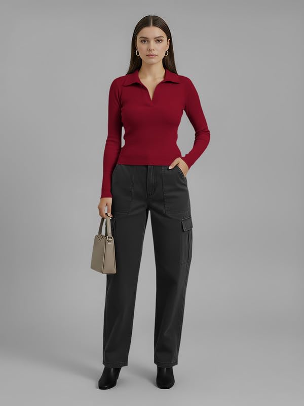 Image of Dream Beauty Fashion Women's Collared Neck Long Sleeve Slim Fit Casual Tee Top for Woman