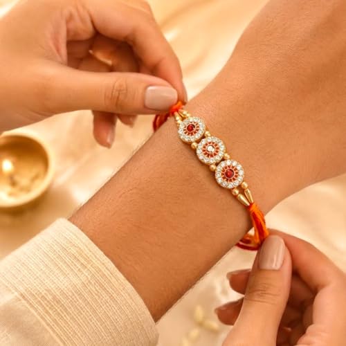 Image of Peora Om Shree Ram Swastik Rakhi for Brother Bhaiya | Crystal & Beads Studded | Red Thread | Raksha Bandhan Hamper with Roli Chawal Greeting Card