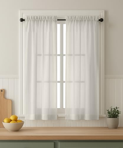 Vargottam Sheer Polyester Georgette Short Window Curtains 42" W x 45" L - Rod Pocket with 1.5" Frill, 2 Panels - Semi-Sheer Curtain Panels for Kitchen, Dining, or Small Bedroom Windows