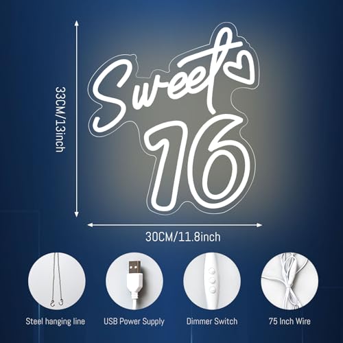 Image of Sweet 16 Neon Sign for Wall Decor Personalized Sixteen Birthday Light Sweet 16 LED Light Sign Sweet Girl Bedroom Happy Birthday Party Wall Decor Party Gift Warm White