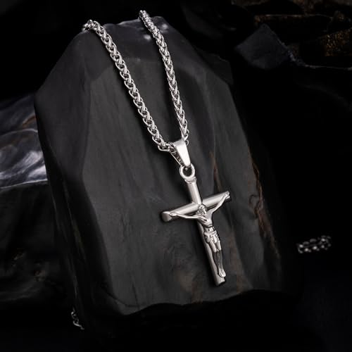 Speroto Jesus Cross Necklace for Men, Silver and Gold Mens Carved Jesus Cross Pendant with Wheat Chain, Simple Jewelry Gift for Men Women4