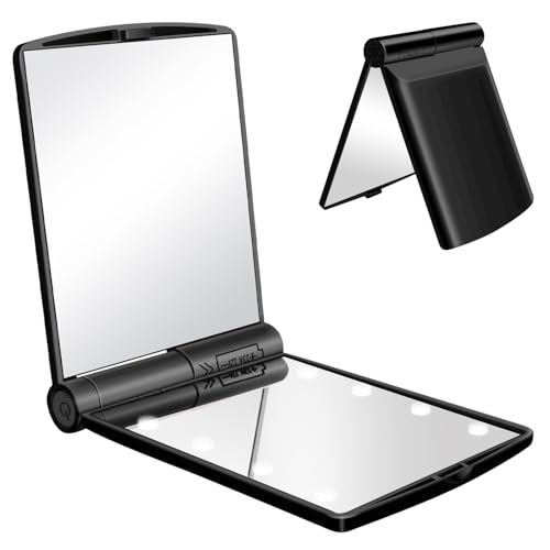 YUNYILAN Compact Makeup Mirror, LED Lighted Makeup Mirror, Handheld & Portable for Travel & On The go (Black)