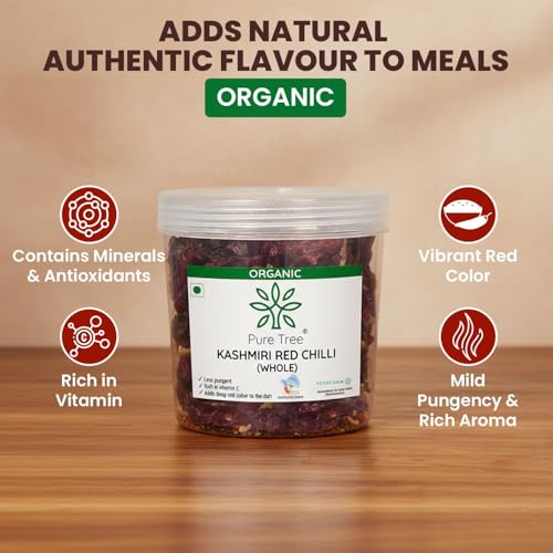 Image of Pure Tree Certified Organic Kashmiri Lal Mirch | 100 g | Jar | Red Chilli Whole | Sabut Lal Mirch | Kashmiri Chilli Lal Mirch Whole Strong Smoky Spice | Dry Red Chilli Whole