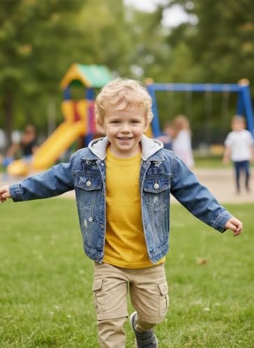 Image of Volunboy Toddler Hooded Denim Jackets Boys Spring Fall Ripped Jean Coat with Hood Long Sleeve Button Down Casual Outerwear