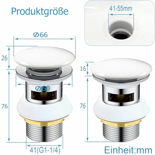Chrom Ceramic Universal Ablaufgarnitur für Waschbecken & Waschtisch Modernes Pop-Up Click Clack Ventil - Ablaufventil mit Überlauf, G 1¼ für Waschbecken Waschtisch,Edelstahl (Silbrig Überlauf)
