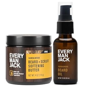 Every Man Jack Beard Oil & Scruff Softening Butter Bundle – Sandalwood Fragrance – Rejuvenates, Hydrates & Styles Dry Beards – Naturally Derived with Cocoa Butter and Shea Butter