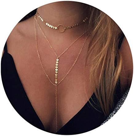 Gypsy Layered Necklace Moon Pendant Necklace Jewelry for Women and Girls (Gold)