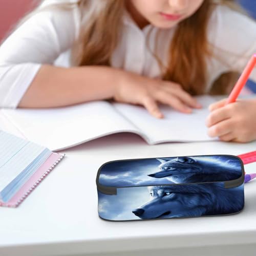 Image of Blue Wolf Pencil Case Organizer Lightning Galaxy Starry Beast Wolf Animal Stationery Box Makeup Box School Supply for Boy Girl Men Women