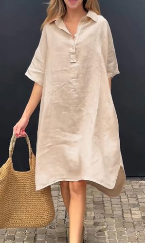 Image of chouyatou Women's Summer Casual Linen Beach Tunic Dress Loose High Low Midi Long Polo T Shirt Dress