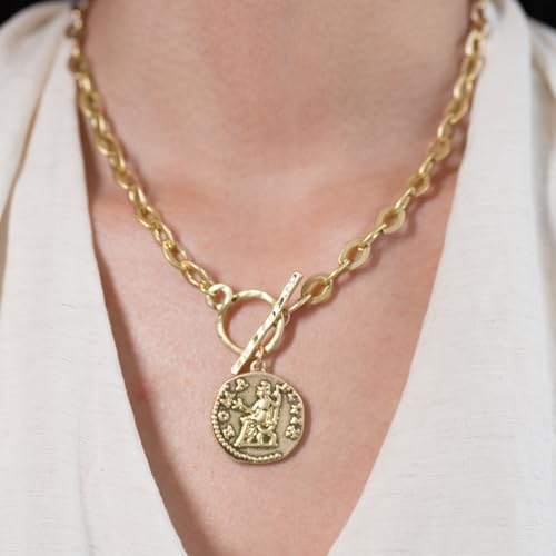 Chunky Coin Antique Gold Plated Thick Link Chain Layered Pendant Necklace for Women 18 Inch Trendy Toggle Chain Necklace Gift for Women3