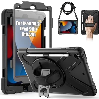 Gerutek Case for iPad 9th/8th7th Generation (2021/2020/2019), iPad 10.2 inch, Full-Body Shockproof Protective Case with Screen Protector, 360° Rotating Stand, Hand/Shoulder Strap, Pencil Holder-Black