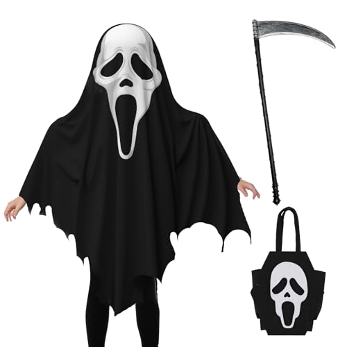 KERANEET - Fantasma para crianças, unissexo, preto, tamanho criança, capa, hoz, mala de mão, Halloween