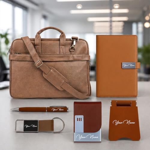 Image of Giftana 6 in 1 Premium Laptop Bag with Personalized Diary and Pen, Keychain, Card Holder, Mobile Stand with Name, Customized Gift for Husband, Father, Employee Welcome Kit, Corporate Gift for Employees (Brown)