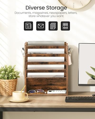 CHOEZON Archivador Vertical de Pared con 6 Niveles y Bandeja Inferior, Organizador en Madera Vintage de Carpetas o Revistas, Portadocumentos con 2 Ganchos Laterales, Marrón Vintage DMWJ01FG - imagen 3