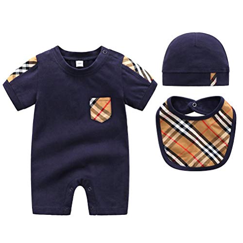 Newborn 3PCS Baby Romper Bodysuit Jumpsuit+Hat+Bib Outfits Set Baby Boy Clothes (Navy Plaid, 0-3 Months)