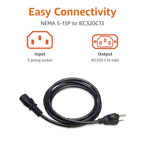 Image of Amazon Basics PC Power Cord, 6 feet, AC Power Cord for Monitor, Computer, TV, 3 Prong, 18 AWG, 125 Volts, Black