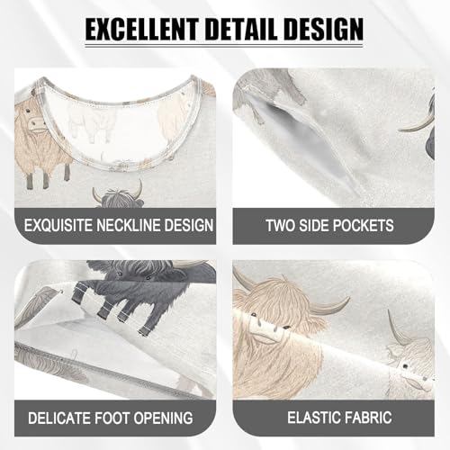 ALAZA Highland Cow Cartoon Funny Pajamas Set Short Sleeve Cotton Sleepwear Summer Pjs 2 Piece 5-14Y4