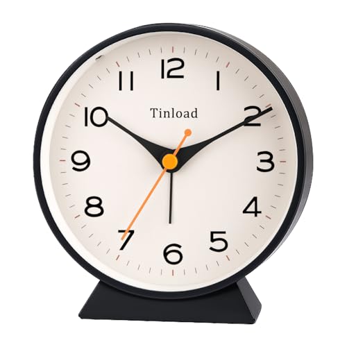 Image of Tinload 4.5 inch Battery Operated Retro Analog Alarm Clock, Small Silent Bedside Desk Clock,Lighted on Demand, Battery Operated, Snooze, for Living Room, Bedroom, Bedside, Desk(Black)