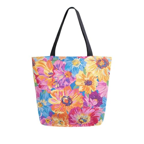 Extra Large Shoulder Tote Bag for Beach Travel Weekender Gym Colorful Flower Pattern Reusable Grocery Canvas Shopping Bag