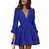 FAIABLE Mini Deep V Sexy Long Sleeve Dress for Women A-line High Waisted Casual Flowy Dress for Cocktail Wedding Guest Bright Blue