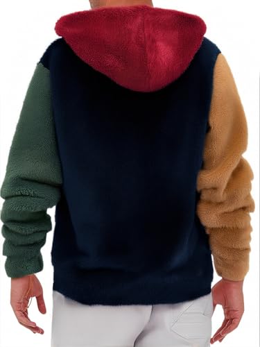 Verdusa Men's Color Block Fuzzy Fleece Hooded Sweatshirt Long Sleeve Pullover Hoodies2