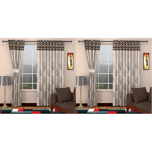 Image of Homefab India Pack of 4 Jacquard Room Darkening Modern Jute Rod Pocket Curtains - 7 feet, Door, Brown