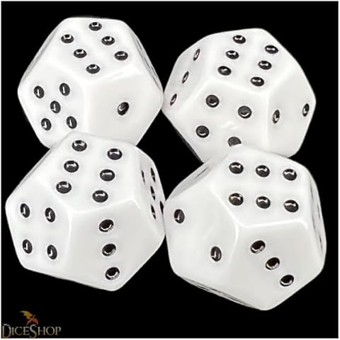 DodecaD6 - Spot - Pipped 12 Sided D6 dice - White w/Black Set of 4 - Double six dice D12 Rolls Better Cover