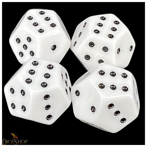 DodecaD6 - Spot - Pipped 12 Sided D6 dice - White w/Black Set of 4 - Double six dice D12 Rolls Better