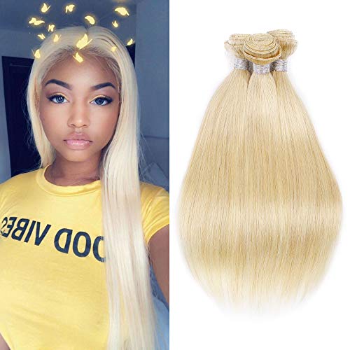 3 Pcs/Lot 613 Blonde Human Hair Bundles Long Lengths Double Weft Straight Weave Hair Bundles 613 Brazilian Virgin Human Hair Extensions For Black Women(18 20 22 inch)