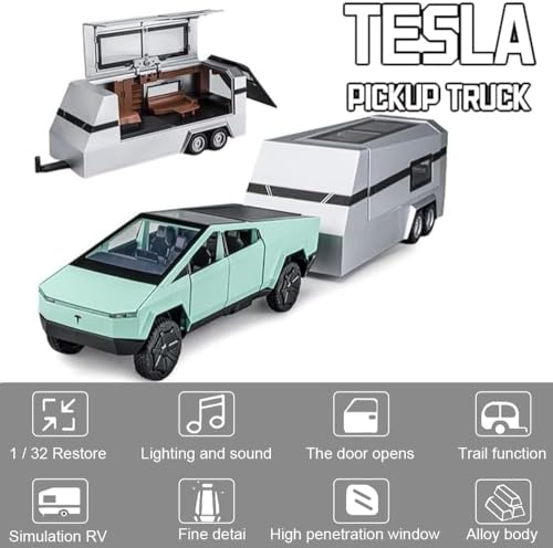Image of 1:32 Tesla Cybertruck Pickup Truck Trailer Camper Toy Car Metal Pull Back Diecast Car with Openable Door and Sound Light, Gifts Toys for Kids【 Silver 】