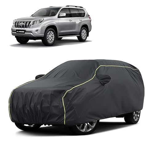 Image of Sulfar 100% Water Resistant Car Body Cover Compatible with Mirror for Toyota Prado (Triple Stitched, Full Bottom Elastic, Dark Grey Taffeta with Yellow Piping)