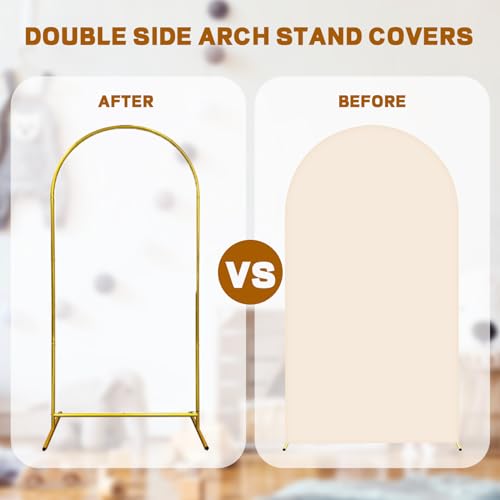 PLYFOU 6FT Wedding Arch Cover, Arch Stand Backdrop 2-Sided Spandex Covers Fitted Round Top Wall Backdrop Stretchy Fabric for Wedding Ceremony Birthday Party Banquet Decoration (Beige) - Thumbnail 3