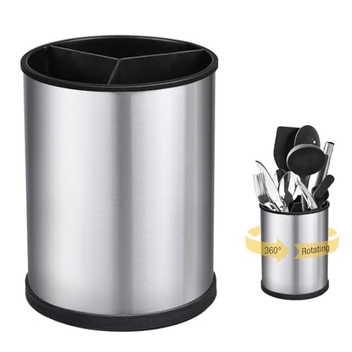 Utensilienhalter, 360° Drehbarer Utensilienhalter Aus Edelstahl Für Die Küchentheke, H7.3 × D5.5 Großer Küchenutensilienhalter Mit Abflusslöchern Und Trennwand, Spatel-Löffelhalter Für Zuhause