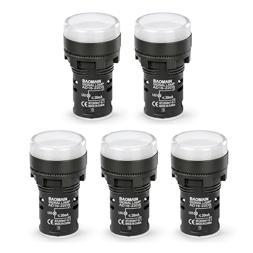 Image of BAOMAIN 22mm LED Industrial Indicator Light,110V AC Pilot Signal Lamp for Industrial Machinery Control Circuits,7 /8 inch Panel Mount, Screw Terminal,White,5-Pack