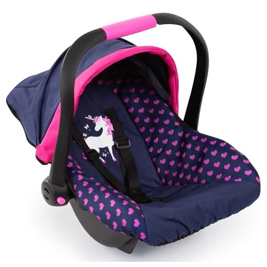 Bayer Design 67954AA Puppen-Autositz EasyGo, Puppenzubehör, passend zu Vario-Puppenwagen, mit Abdeckung, blau mit Herzenmuster und Einhornmotiv