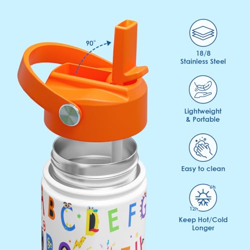 Image of SANDJEST Kid Water Bottle 12oz with Straw Lid - 2-Pack Insulated Stainless Steel Water Bottles for Kids Girls Boys - Travel Cup for Back to School Sports Christmas Birthday (Alphabet & School Bus)