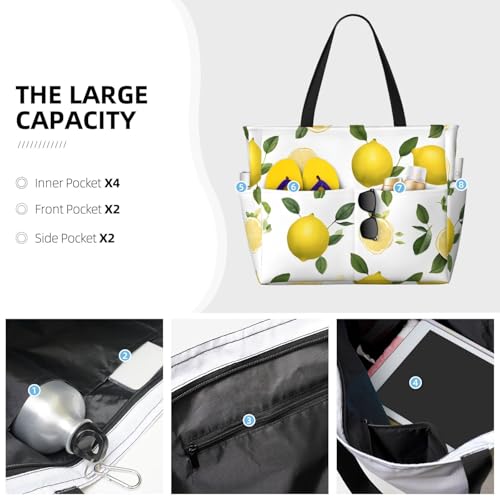 (Fresh Tropical Lemons) Large Beach Tote Bag for Women Waterproof Sandproof Travel Shoulder Bag with Pocket for Pool Vacation Weekend Gym3
